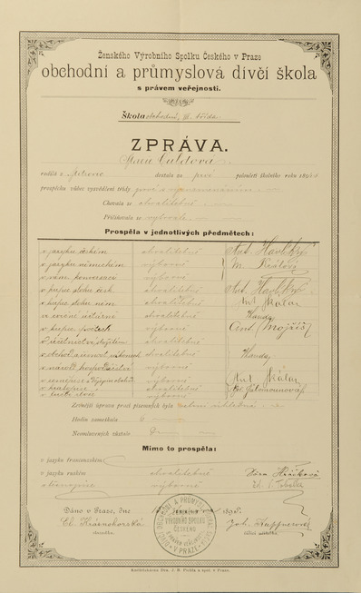 Vysvědčení 1895 podpis E.Krásnohorská